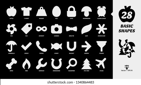 Basic white glyph shapes icon set on a black background with simple fill silhouette fan, tag, infinity, camera, bow tie, leaf, snowflake, umbrella, check, phone, candy, magnet, arrow and more symbols.