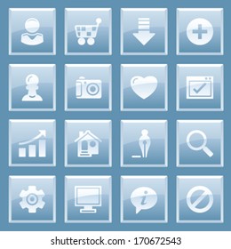 Basic white icons on blue buttons.