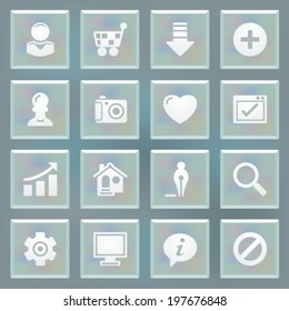 Basic white icons on blue buttons.