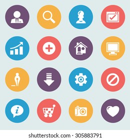 Basic white icons on color buttons. Flat design.