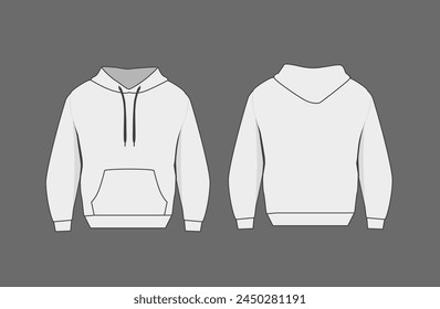 Basic white male hoodie mockup. Front and back view. Blank textile print template for fashion clothing.