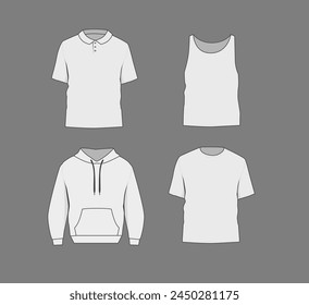 Basic white male polo, t-shirt tank top and hoodie mockup. Blank textile print template for fashion clothing.