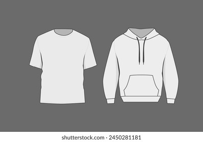 Basic white male t-shirt and hoodie mockup. Front and back view. Blank textile print template for fashion clothing.