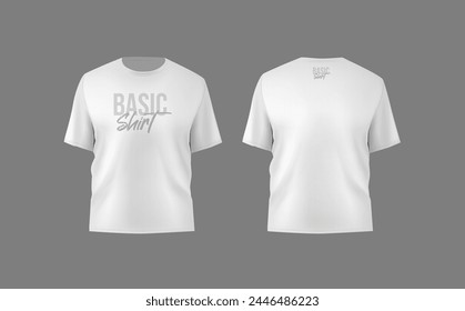 Basic white male t-shirt realistic mockup. Front and back view. Blank textile print template for fashion clothing.