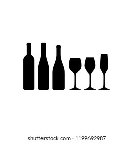 Basic wine glasses and wine bottles vector silhouette icons. Wine glass and wine bottle types.