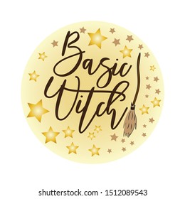 Basic witch- funny handwritten halloween  text, with broom, and  gold stars wreat. Good for posters, greeting cards, textiles, gifts.