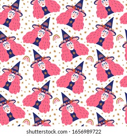 Basic witch girl face concept. Witchcraft boho seamless pattern. Hand drawn fairy tale decor elements. Vector EPS clip art design