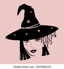 Basic Hexen Shirt Design mit Mädchen in einem Hexenhut mit hängenden Anhängern dekoriert.