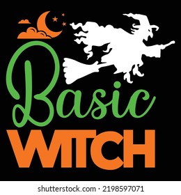 bruja básica Modelo de impresión de camisetas de Halloween Feliz, Testigos de caída de calabaza Diseño de vestuario de Halloween