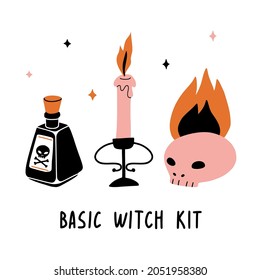 Basic witch kit. Vector magic print, card. Hand drawn flat illustration for  spooky Halloween party, decoration. Witchcraft symbols: love potion, skull, candle. Dark magic, occult concept