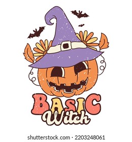 Basic Witch Pumpkin. Cute Retro Halloween Design, Retro Halloween Poster.