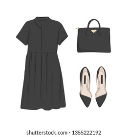 Basic woman collection: flats, black dress, bag. Glamour fashion flatlay. Clothing store elements. Casual set. Fashion look mgazine sketch. Fashion illustration sketch in Vector.