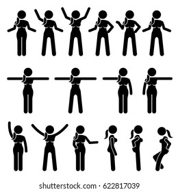 Basic Woman Standing Actions and Movements. Artworks depicts a female human standing in various positions with different body languages. 