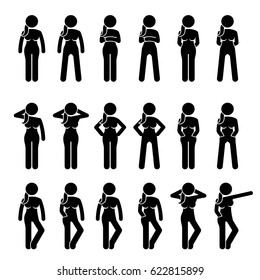 Basic Woman Standing Postures and Poses. Artworks depicts a female human standing in various positions with different body languages. 