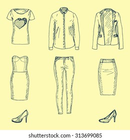 Basic women wardrobe. Hand drawn t-shirt, skinny jeans, white shirt, pencil skirt, jacket, party dress, pumps. Casual style clothes
