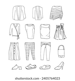 Basic  women's clothing set.  Hand drawn line style modern vector design.