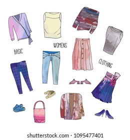 Basic  women's clothing set. Watercolor effect. Hand drawn vector design.