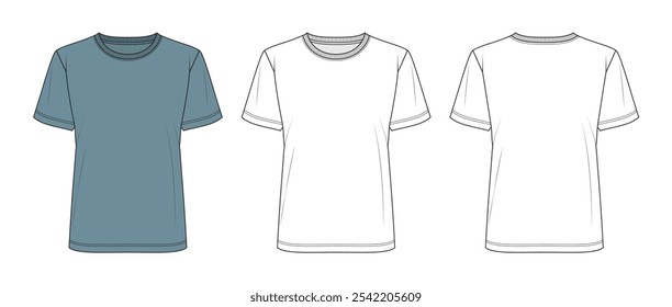 Basic Women's and Teen Girls' T-Shirt - Technical Flat Sketch with Round Neckline (Front and Back view)