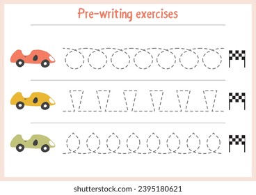 Basic writing exercises. Trace line worksheets for children. Preschool handwriting practice. Vector illustration. A4 - ready to print format.