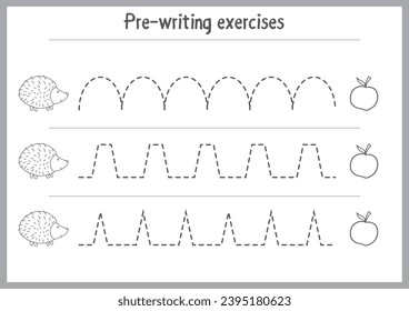 Basic writing exercises. Trace line worksheets for children. Preschool handwriting practice. Vector illustration. A4 - ready to print format.