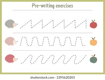 Basic writing exercises. Trace line worksheets for children. Preschool handwriting practice. Vector illustration. A4 - ready to print format.