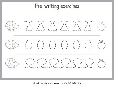 Basic writing exercises. Trace line worksheets for children. Preschool handwriting practice. Vector illustration. A4 - ready to print format.