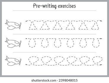 Basic writing exercises. Trace line worksheets for children. Preschool handwriting practice. Vector illustration. A4 - ready to print format.