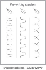 Basic writing exercises. Trace line worksheets for children. Preschool handwriting practice. Vector illustration. A4 - ready to print format.