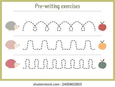 Ejercicios básicos de escritura. Rastrear hojas de cálculo de línea para niños. Práctica de escritura a mano preescolar. Ilustración vectorial. A4: está listo para imprimir el formato.