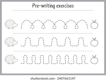 Basic writing exercises. Trace line worksheets for children. Preschool handwriting practice. Vector illustration. A4 - ready to print format.