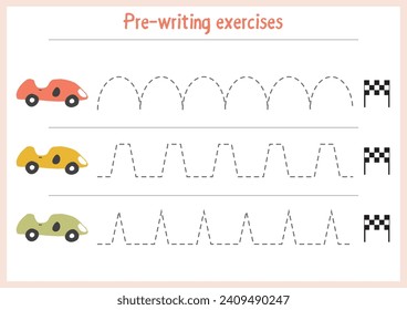 Basic writing exercises. Trace line worksheets for children. Preschool handwriting practice. Vector illustration. A4 - ready to print format.