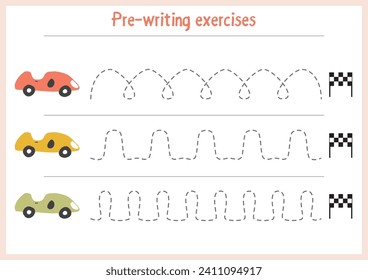 Basic writing exercises. Trace line worksheets for children. Preschool handwriting practice. Vector illustration. A4 - ready to print format.