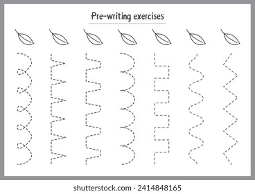 Basic writing exercises. Trace line worksheets for children. Preschool handwriting practice. Vector illustration. A4 - ready to print format.