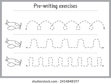 Basic writing exercises. Trace line worksheets for children. Preschool handwriting practice. Vector illustration. A4 - ready to print format.