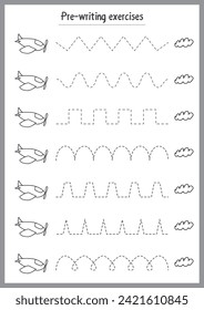 Ejercicios básicos de escritura. Rastrear hojas de cálculo de línea para niños. Práctica de escritura a mano preescolar. Ilustración vectorial. A4: está listo para imprimir el formato.