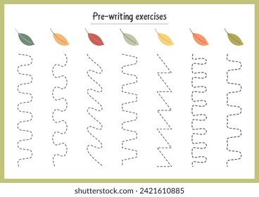 Basic writing exercises. Trace line worksheets for children. Preschool handwriting practice. Vector illustration. A4 - ready to print format.