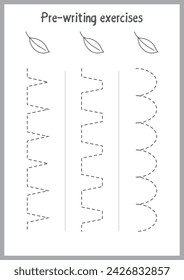 Basic writing exercises. Trace line worksheets for children. Preschool handwriting practice. Vector illustration. A4 - ready to print format.