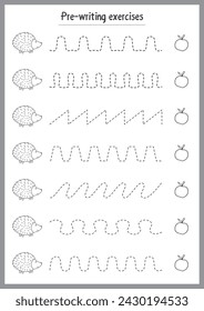 Ejercicios básicos de escritura. Hojas de cálculo de líneas de seguimiento para niños. Práctica de escritura preescolar. Ilustración vectorial. A4: formato listo para imprimir.