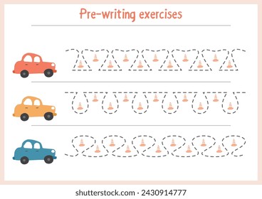 Ejercicios básicos de escritura. Hojas de cálculo de líneas de seguimiento para niños. Práctica de escritura preescolar. Ilustración vectorial. A4: formato listo para imprimir.