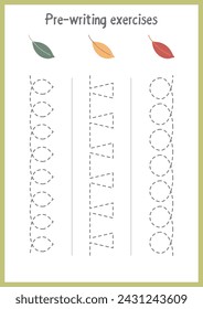 Basic writing exercises. Trace line worksheets for children. Preschool handwriting practice. Vector illustration. A4 - ready to print format.