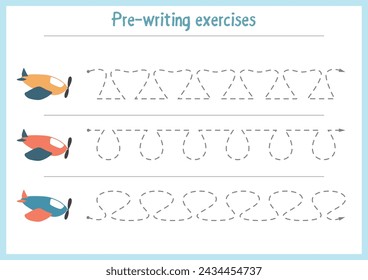 Basic writing exercises. Trace line worksheets for children. Preschool handwriting practice. Vector illustration. A4 - ready to print format.