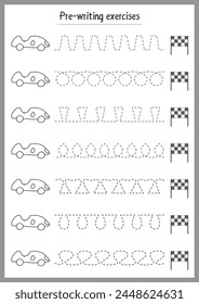 Basic writing exercises. Trace line worksheets for children. Preschool handwriting practice. Vector illustration. A4 - ready to print format.