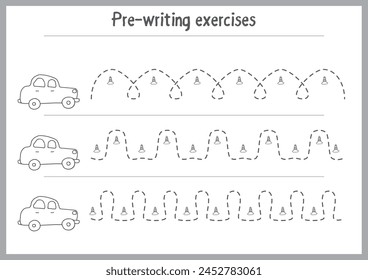 Basic writing exercises. Trace line worksheets for children. Preschool handwriting practice. Vector illustration. A4 - ready to print format.