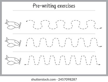 Basic writing exercises. Trace line worksheets for children. Preschool handwriting practice. Vector illustration. A4 - ready to print format.