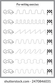 Basic writing exercises. Trace line worksheets for children. Preschool handwriting practice. Vector illustration. A4 - ready to print format.