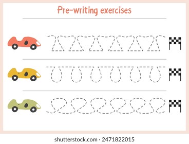 Basic writing exercises. Trace line worksheets for children. Preschool handwriting practice. Vector illustration. A4 - ready to print format.