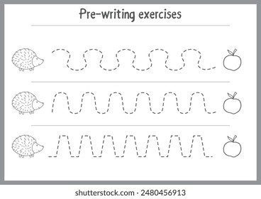 Basic writing exercises. Trace line worksheets for children. Preschool handwriting practice. Vector illustration. A4 - ready to print format.