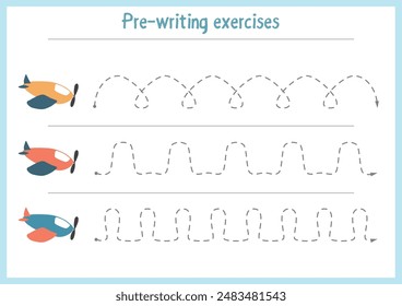 Basic writing exercises. Trace line worksheets for children. Preschool handwriting practice. Vector illustration. A4 - ready to print format.