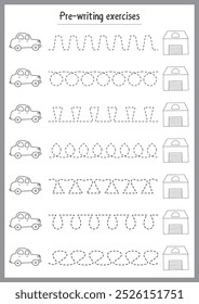Basic writing exercises. Trace line worksheets for children. Preschool handwriting practice. Vector illustration. A4 - ready to print format.