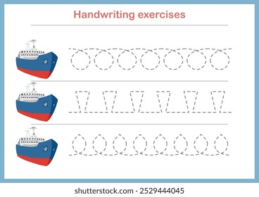 Basic writing exercises. Trace line worksheets for children. Preschool handwriting practice. Vector illustration. A4 - ready to print format.